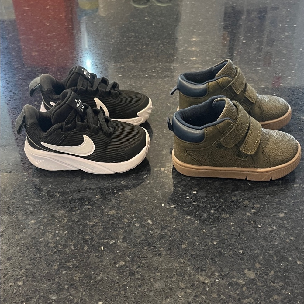 Nike Kids Black/White Sneakers with White Swoosh & Carters Green/Gum sole shoes